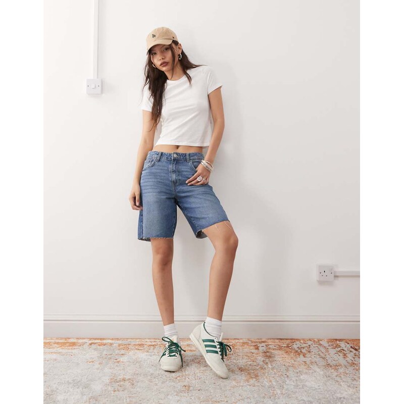 Noisy May high waist baggy denim short in mid wash blue