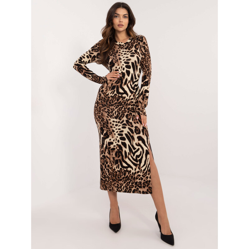 BASIC Dámské midi šaty s leopardím vorem a rozparkem -black