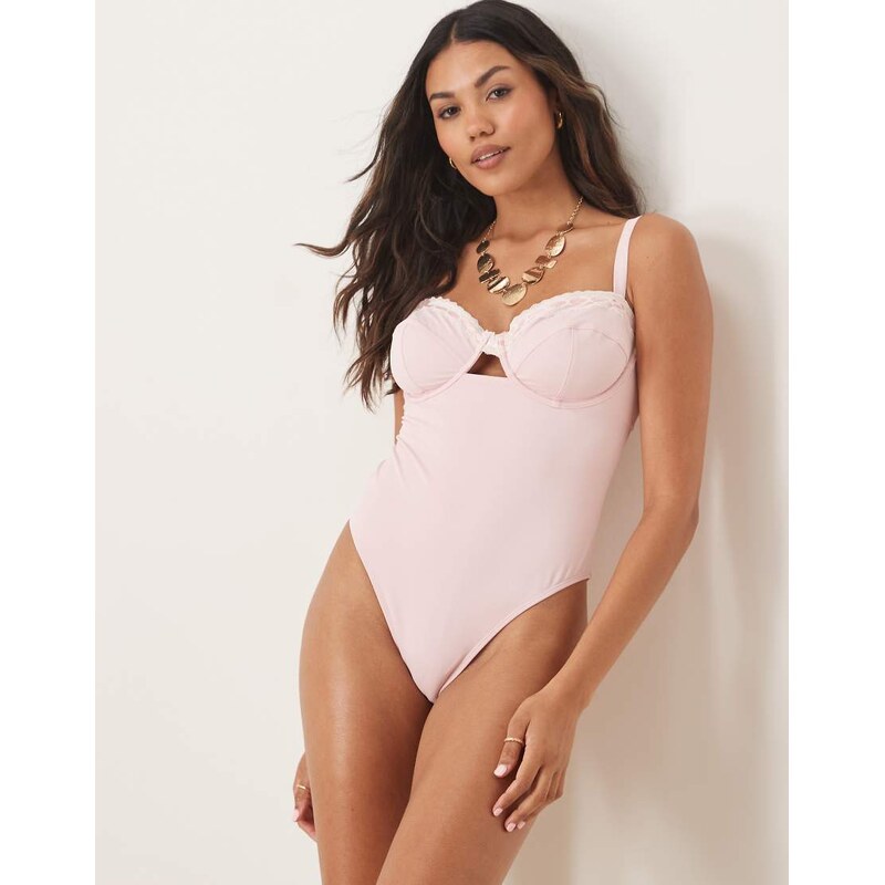 Peek & Beau underwire swimsuit with cream lace trim in pink 115746190