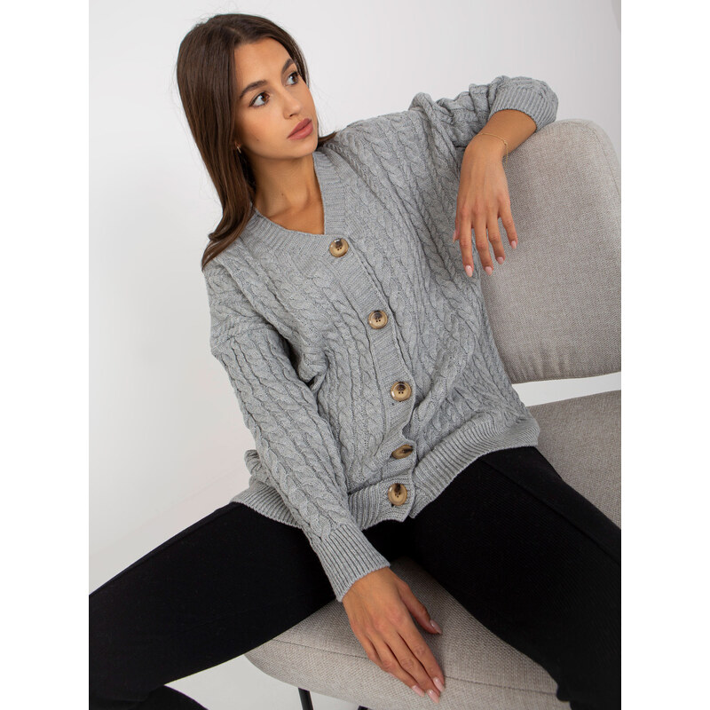 RUE PARIS Šedý teplý propínací svetr -grey Šedá 85876476