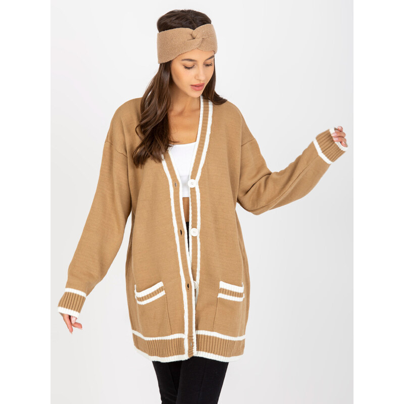 RUE PARIS Béžový dlouhý svetr s knoflíky a lemováním -beige Béžová 85876477