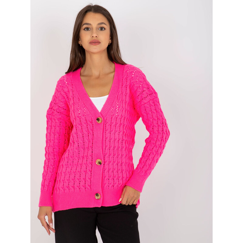 RUE PARIS Neonově růžový pletený svetr na knoflíky -fluo pink