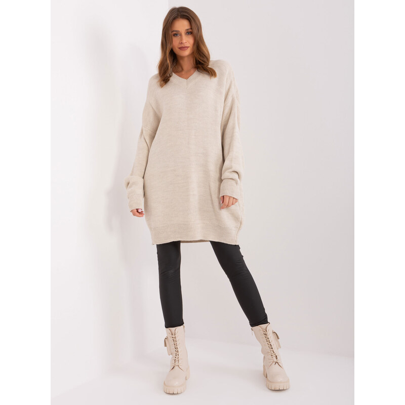 RUE PARIS Béžové svetrové šaty s výstřihem -beige Béžová