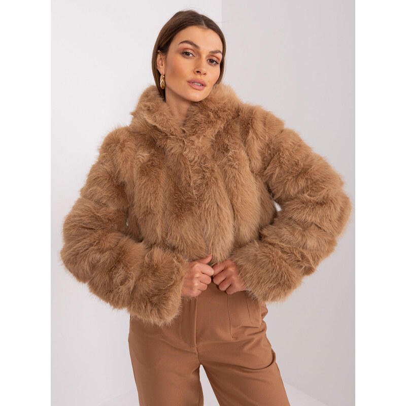 ITALY MODA Světle hnědý krátký kožíšek s kapucí --camel Hnědá 88286660