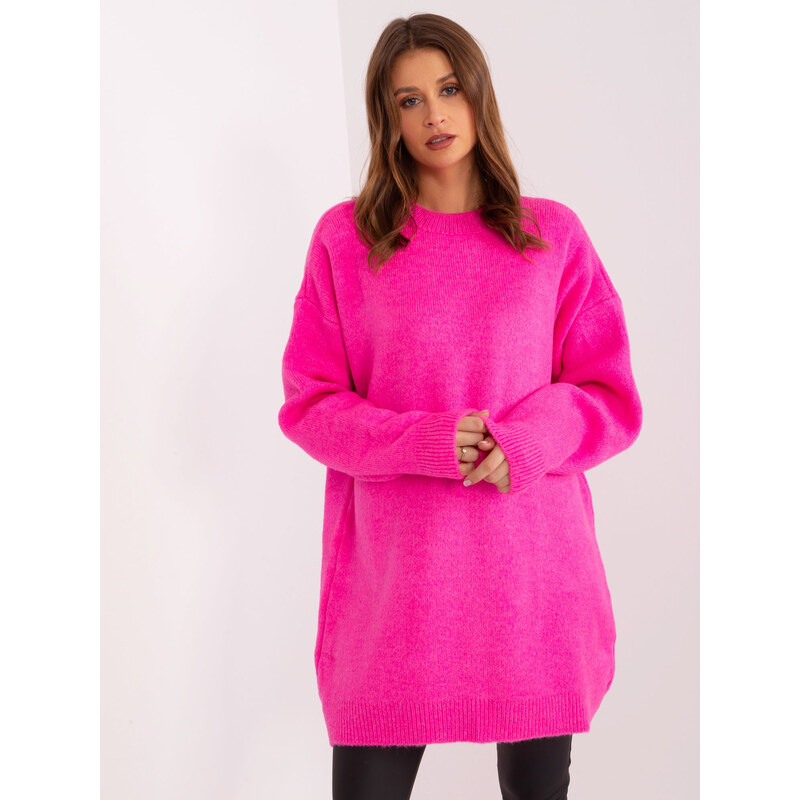 RUE PARIS Neonově růžový dlouhý svetr -fluo pink Růžová 89149467