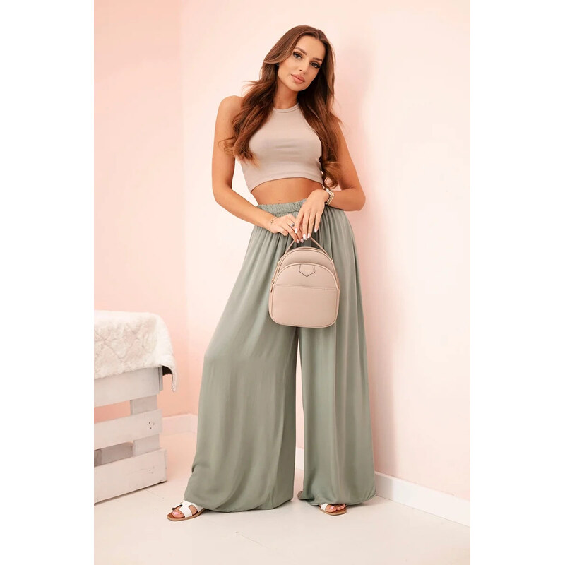K-Fashion Široké dámské kalhoty z viskózy s elastickým pasem khaki 105418791