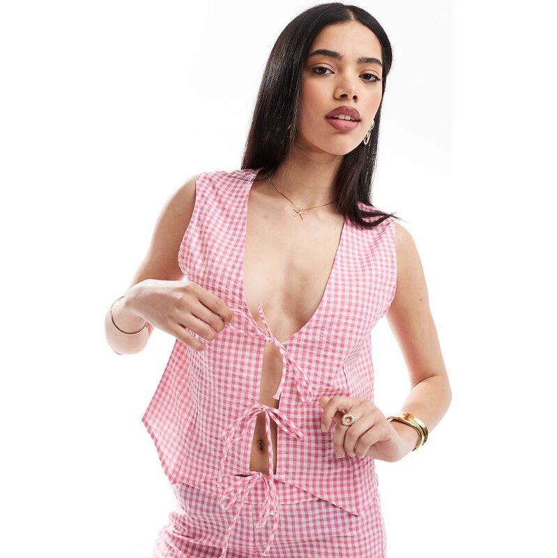 Esmee Exclusive tie front waistcoat in pink gingham 105421942