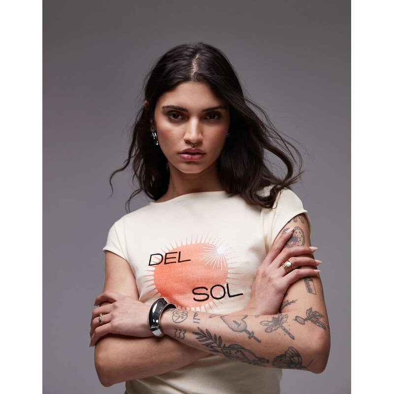 Topshop graphic del sol cap sleeve slash neck tee in yellow 105421964
