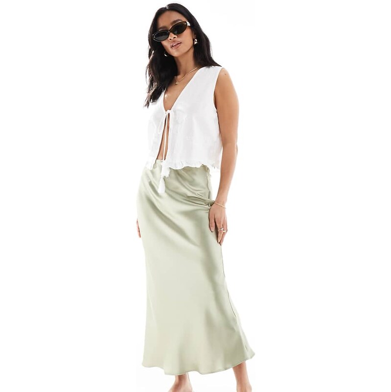New Look Petite satin bias midi skirt in sage green