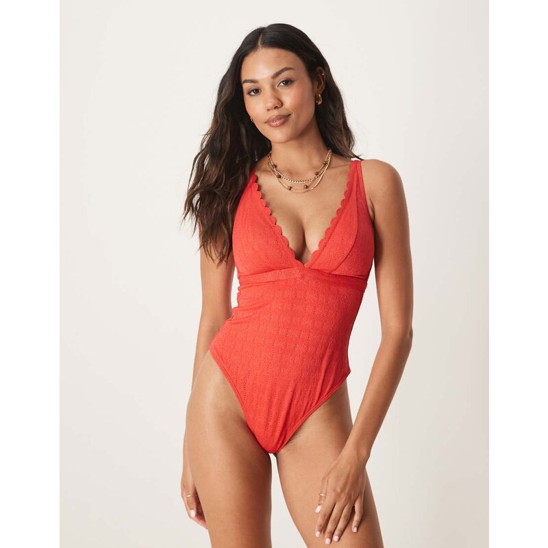 Peek & Beau broderie swimsuit with scallop detail in red 105421907