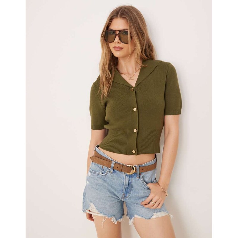 ASOS DESIGN short sleeve sailor collar cardigan in khaki-Brown 105421973