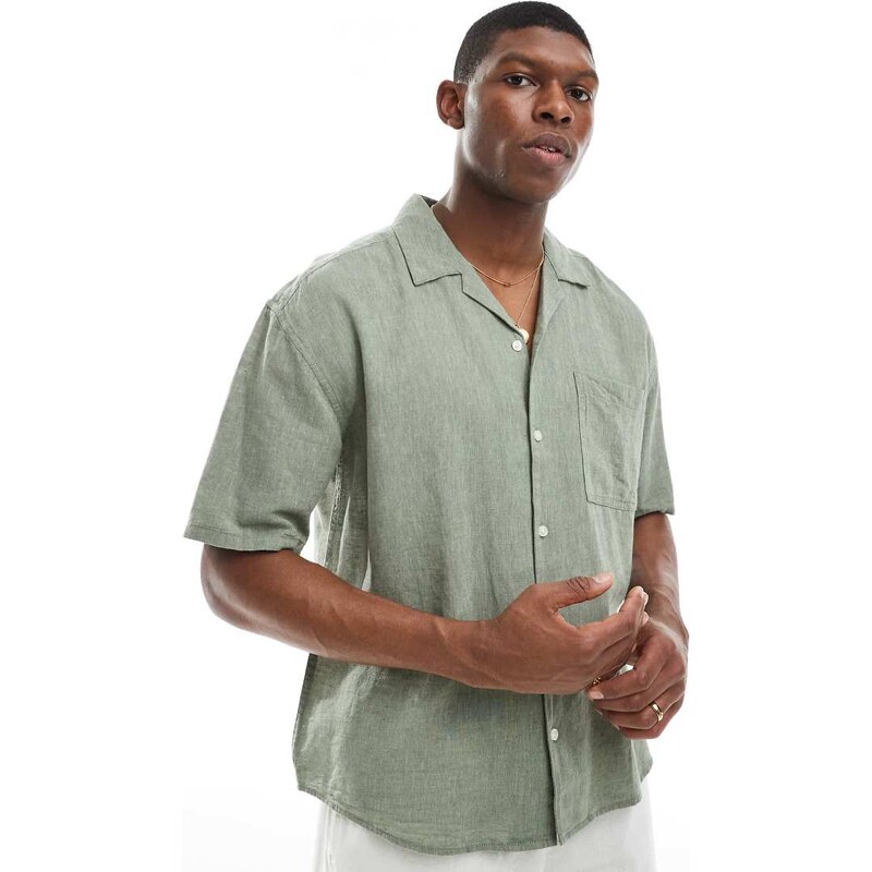 ONLY & SONS linen mix relaxed resort shirt in sage-Green