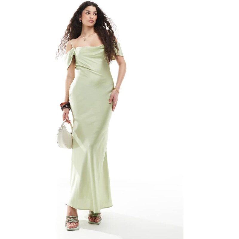 New Look bardot satin midaxi dress in sage green 115587008