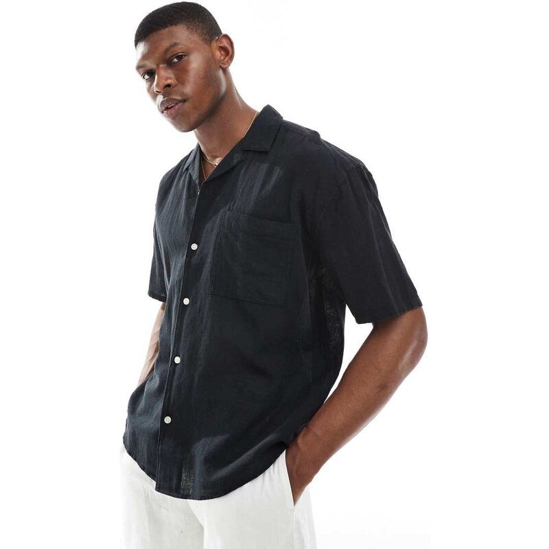 ONLY & SONS linen mix relaxed resort shirt in black-Neutral