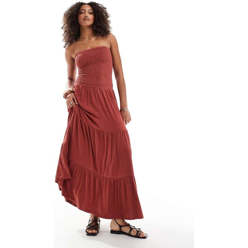 ASOS DESIGN crinkle bandeau shirred bodice tiered maxi dress in