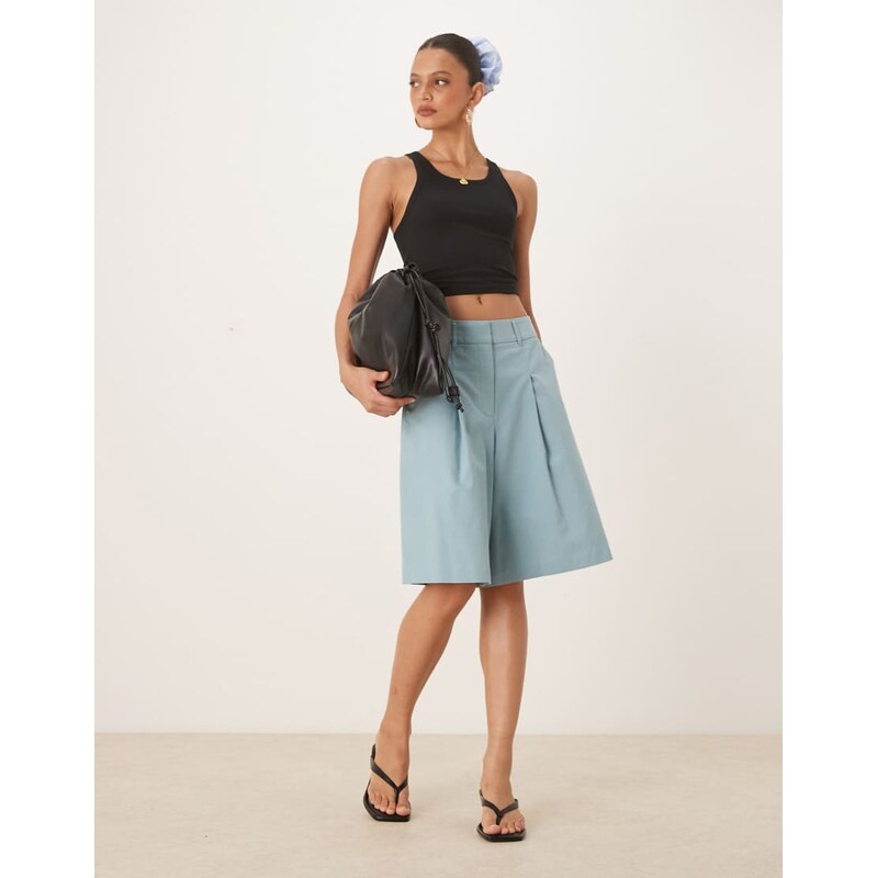 ASOS DESIGN longline pleat front safari shorts in turquoise-Blue 105661494