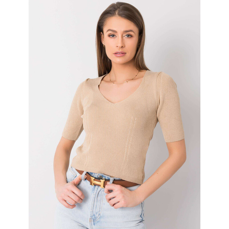 RUE PARIS Béžové žebrované dámské tričko -beige Béžová 76253649