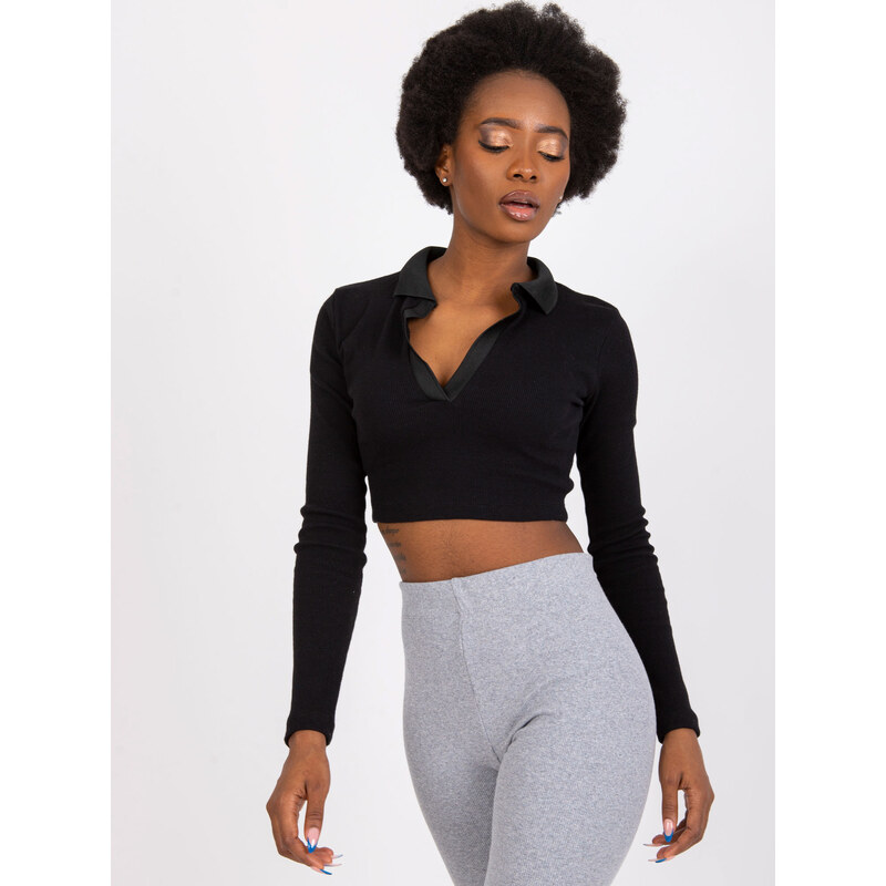 RUE PARIS Černý crop top s dlouhým rukávem -black Černá 84024409