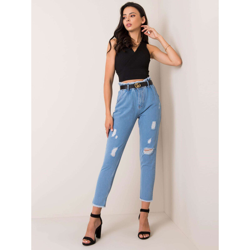 RUE PARIS Světle modré dámské děrované džíny - blue Denim vzor
