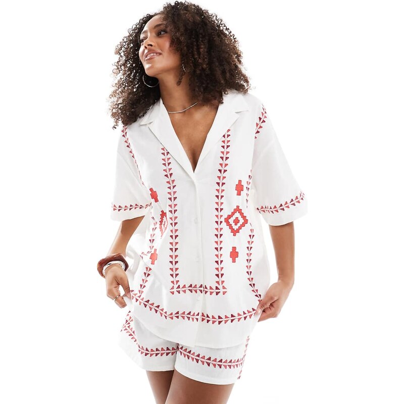 ASOS DESIGN embroidered shirt co-ord in red and white-Multi