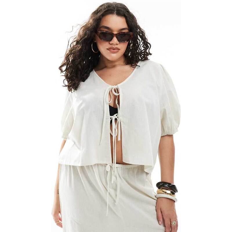 Esmee Curve Exclusive tie front puff sleeve beach top in oat-Neutral 115184216