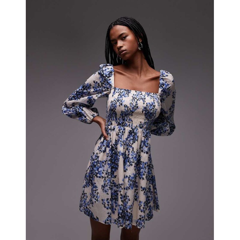 & Other Stories square neck mini dress with shirred bodice in blue 105568890