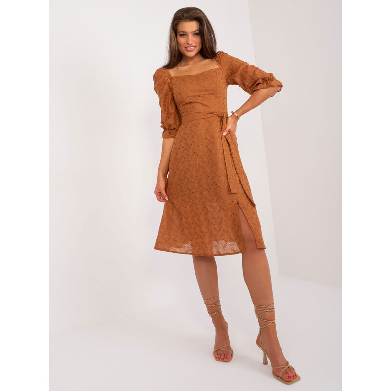 BASIC Hnědé romantické madeirové midi šaty -light brown Hnědá