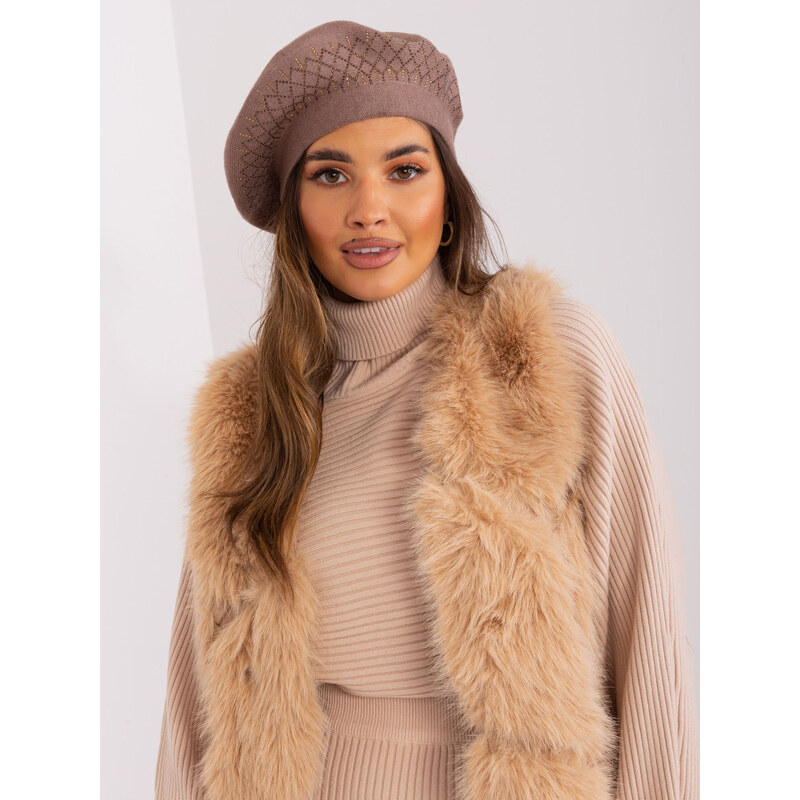 ITALY MODA Hnědý baret s aplikací -brown Hnědá 86728369