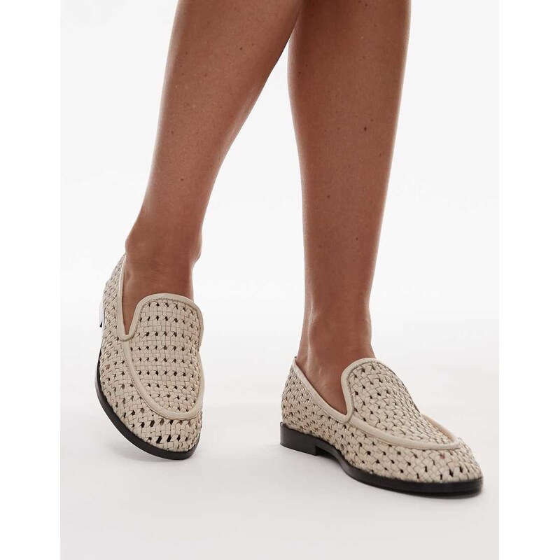 Topshop Connor real leather woven loafer in off white