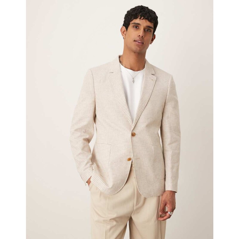 ASOS DESIGN linen blend slim blazer in stone gingham check-Neutral