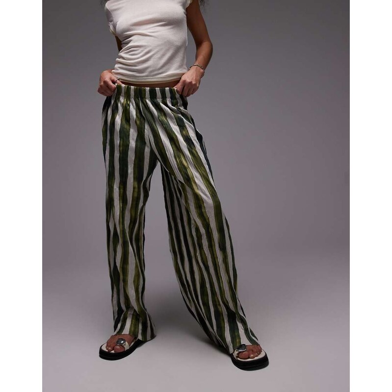 Topshop stripe crinkle wide leg trousers in green 105450201