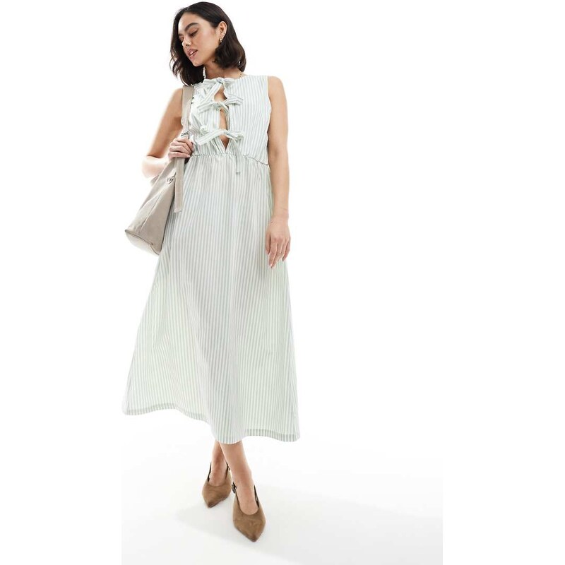 Daisy Street boxy fit chuck on midi dress in sage stripe-Green 105468163