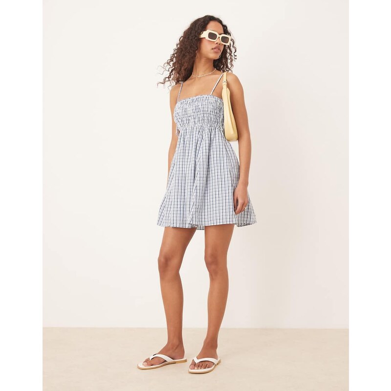 Abercrombie & Fitch babydoll smocked mini dress in blue gingham 105649830