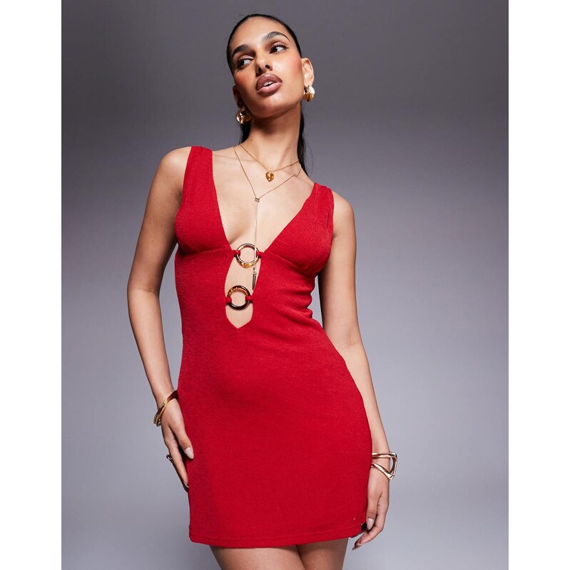 Princess Polly sleeveless plunge neck ring detail tie strap mini