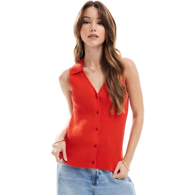 ASOS DESIGN knitted ribbed collared top in red-White 105454692