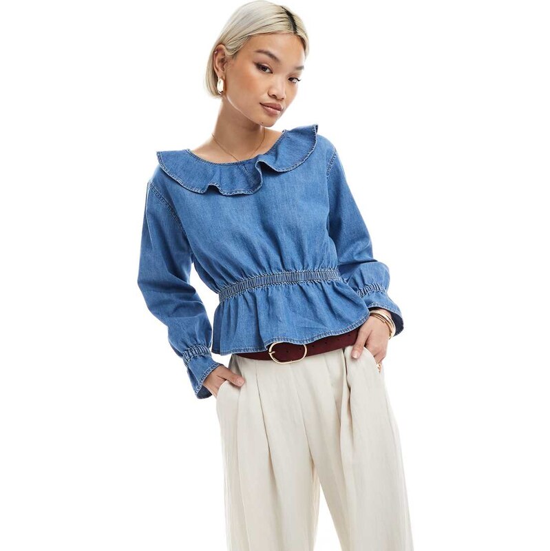 Miss Selfridge chambray ruffle peplum top in mid wash-Blue 115560779