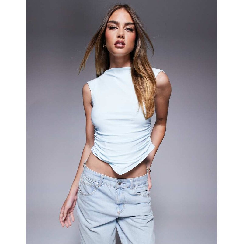 ASOS DESIGN slash neck cap sleeve ruched side top in pastel blue