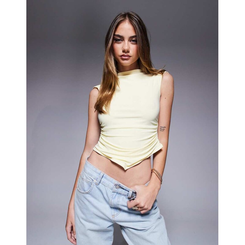 ASOS DESIGN slash neck cap sleeve ruched side top in buttermilk yellow 105454791