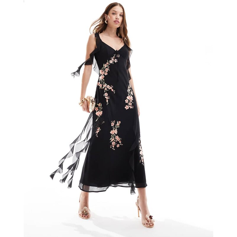 ASOS DESIGN ruffle embroidered midaxi dress with bow back in