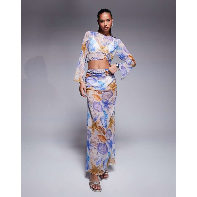 ASOS DESIGN chiffon maxi skirt co-ord in shell print-Multi 105518314