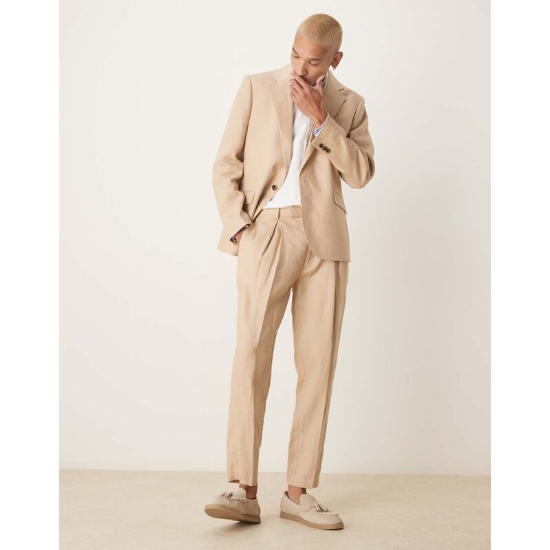 ASOS DESIGN premium 100% linen tapered suit trousers in stone