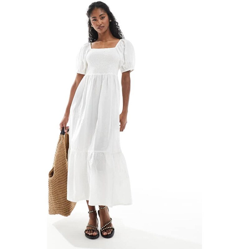 Accessorize Accesorize puff sleeve shirred dress in white with
