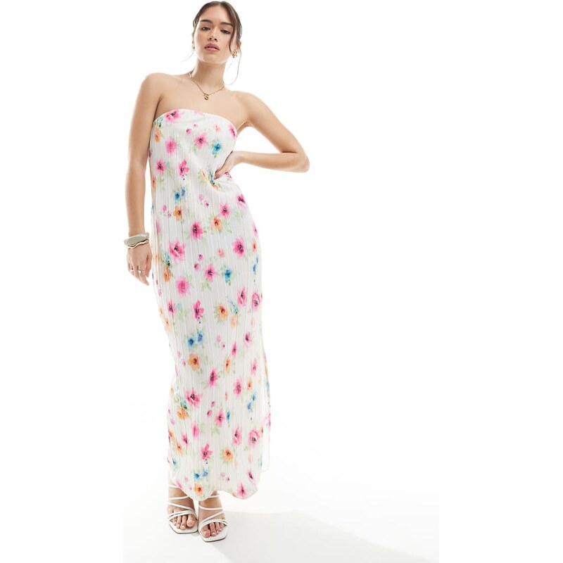 Pieces plisse bandeau maxi dress in white floral print