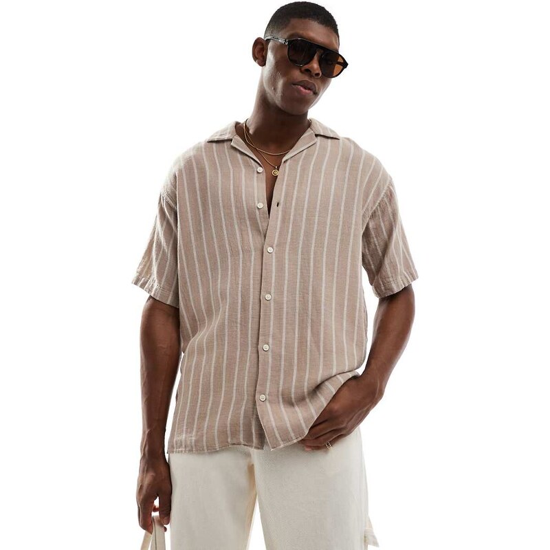 Jack & Jones revere collar textured stripe short sleeve shirt in