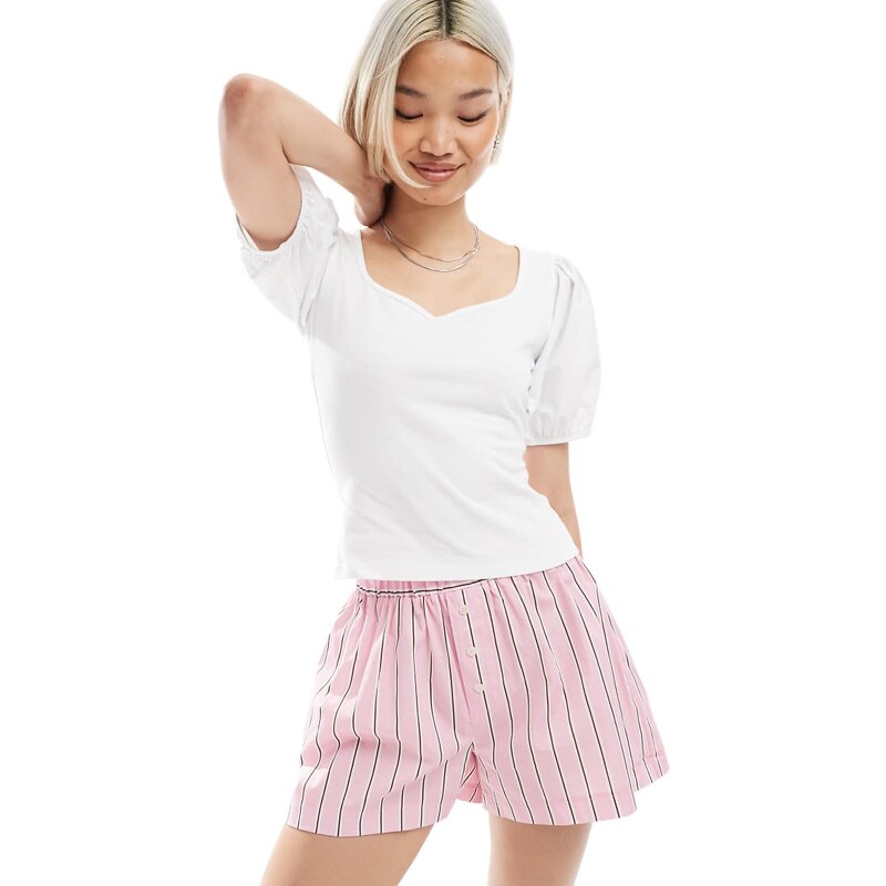ASOS DESIGN poplin mix puff sleeve sweetheart top in ivory-White 105458142