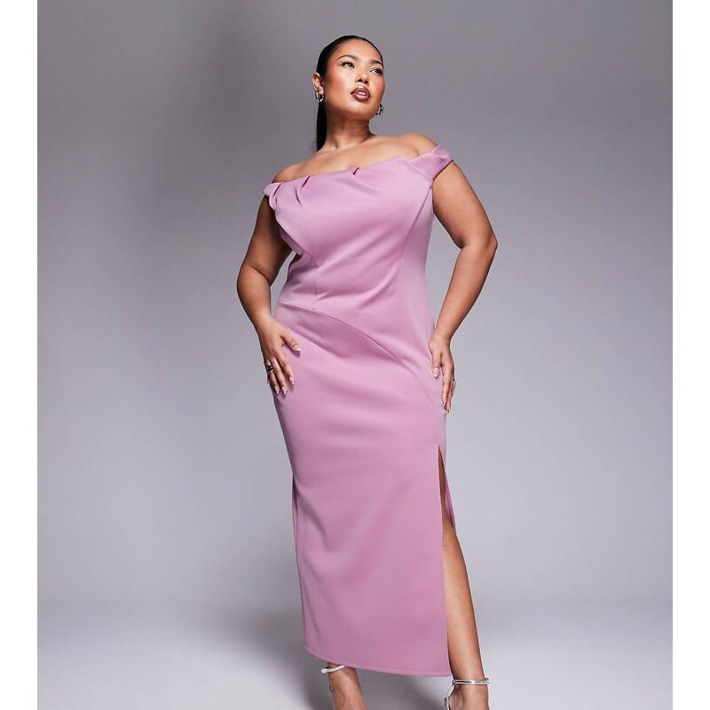 ASOS Curve ASOS DESIGN Curve pleated bardot maxi dress in rose in 105468181