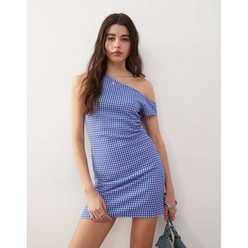 COLLUSION gingham off shoulder mini dress in blue 105458156