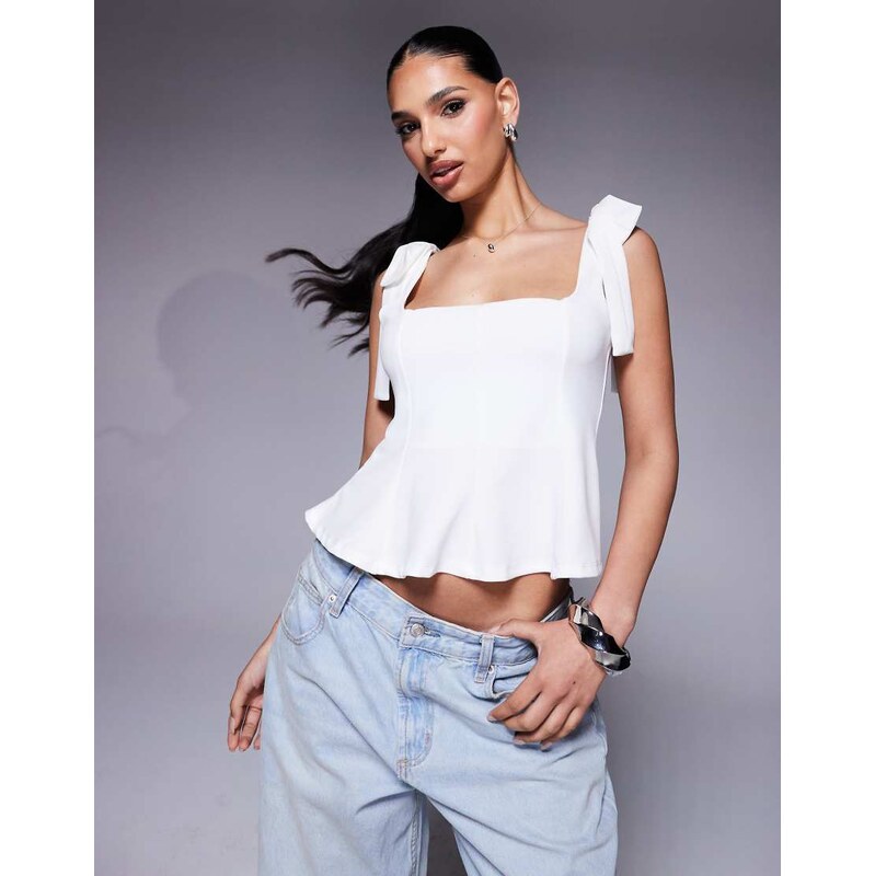 ASOS DESIGN structured cinch waist boat neck top with shoulder tie bow 105458162