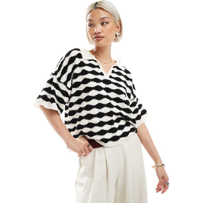 ASOS DESIGN knitted stitch relaxed polo top in mono stripe-Multi 105458165