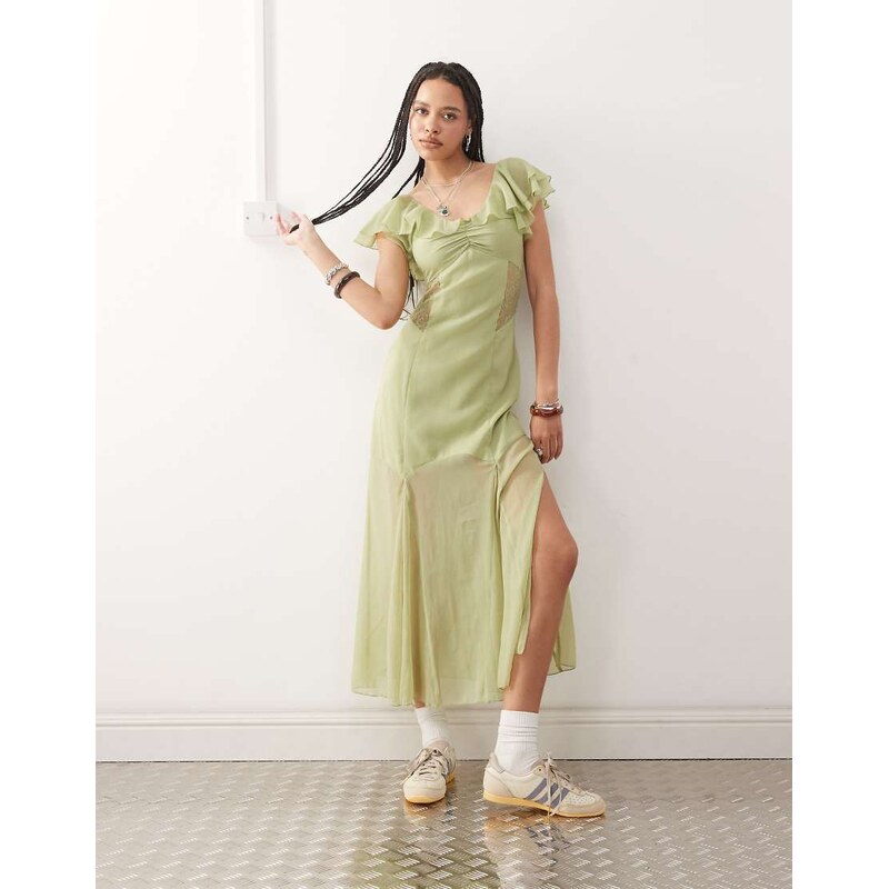 Reclaimed Vintage midi tea dress with lace panels and flutter sleeves 105458297